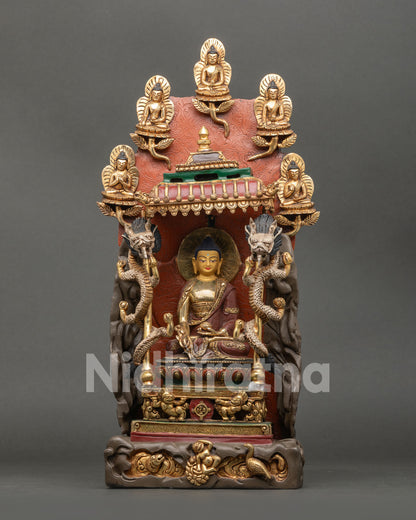 Bhaisajyaguru Medicine Buddha statue, front view, gold-gilded copper, Nepal