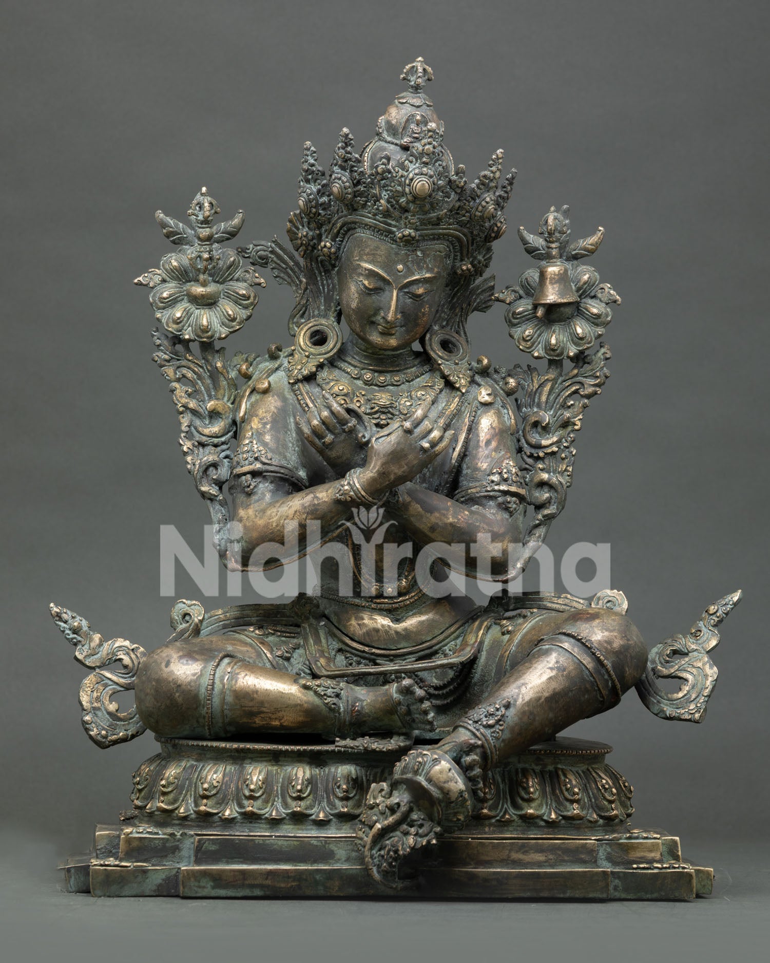 Handmade bronze Vajradhara statue with antique finish, seated in Lalitasana on lotus base