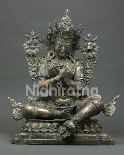Handmade bronze Vajradhara statue with antique finish, seated in Lalitasana on lotus base