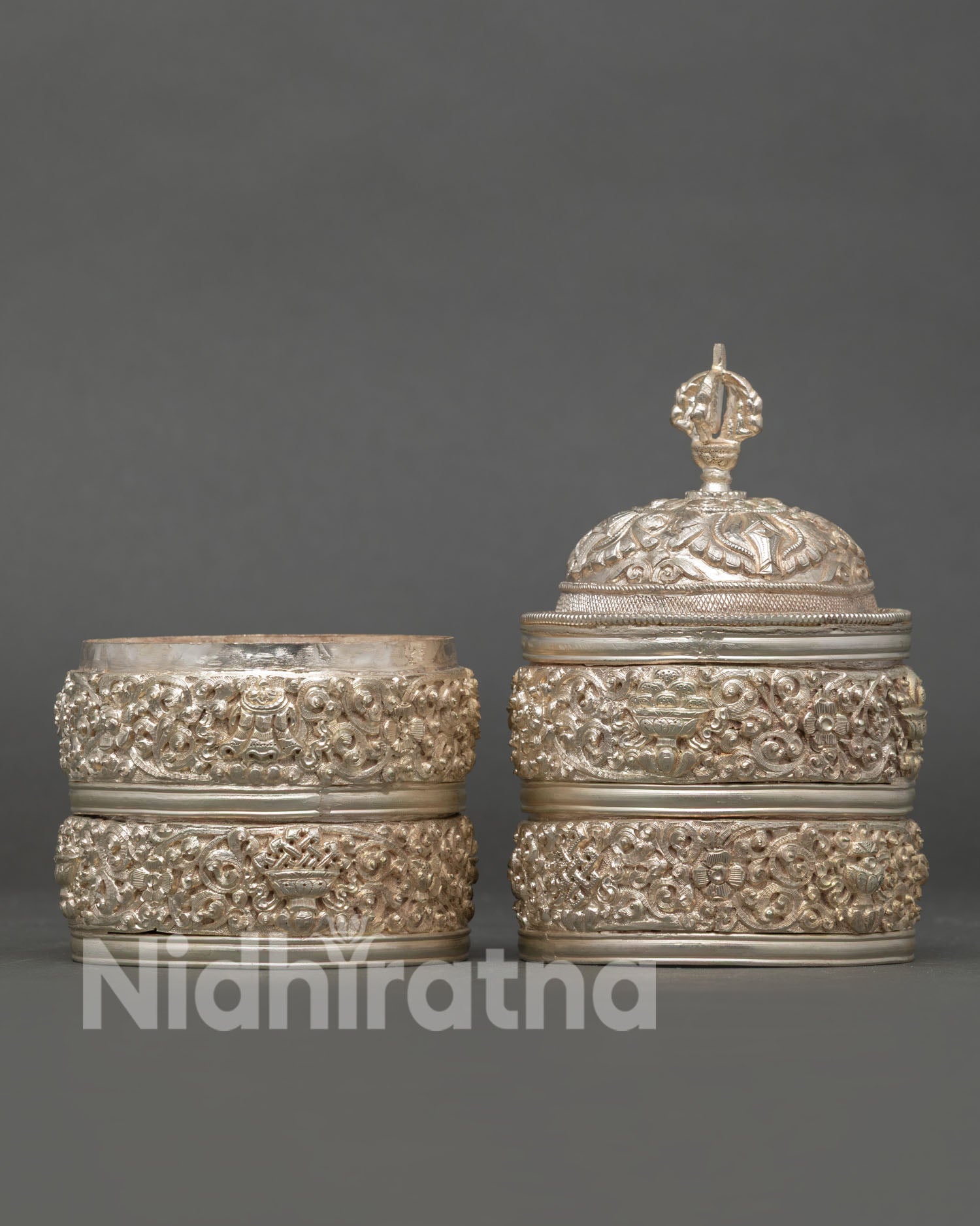 Handmade Buddhist Neshi Rice Pot with floral motifs and auspicious symbols