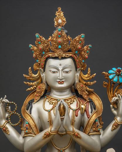 Handmade Chenrezig Avalokiteshvara statue seated in lotus posture with crystal rosary and lotus flower