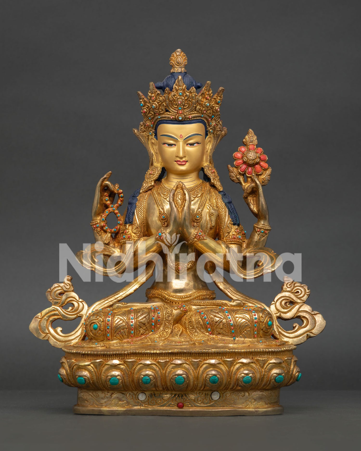 Handmade Chenrezig Statue from Nepal with 24K gold fire gilding and semi-precious stones
