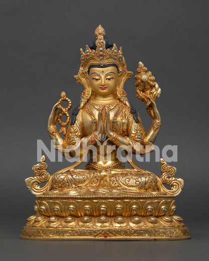 Handmade Chenrezig Statue with 24K Gold Fire Gilding and Semi-Precious Stones from Nepal