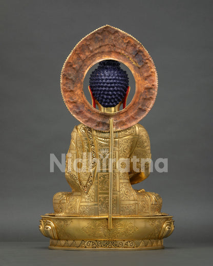Handmade copper Amitabha Buddha statue by Newari artisan from Patan, Nepal