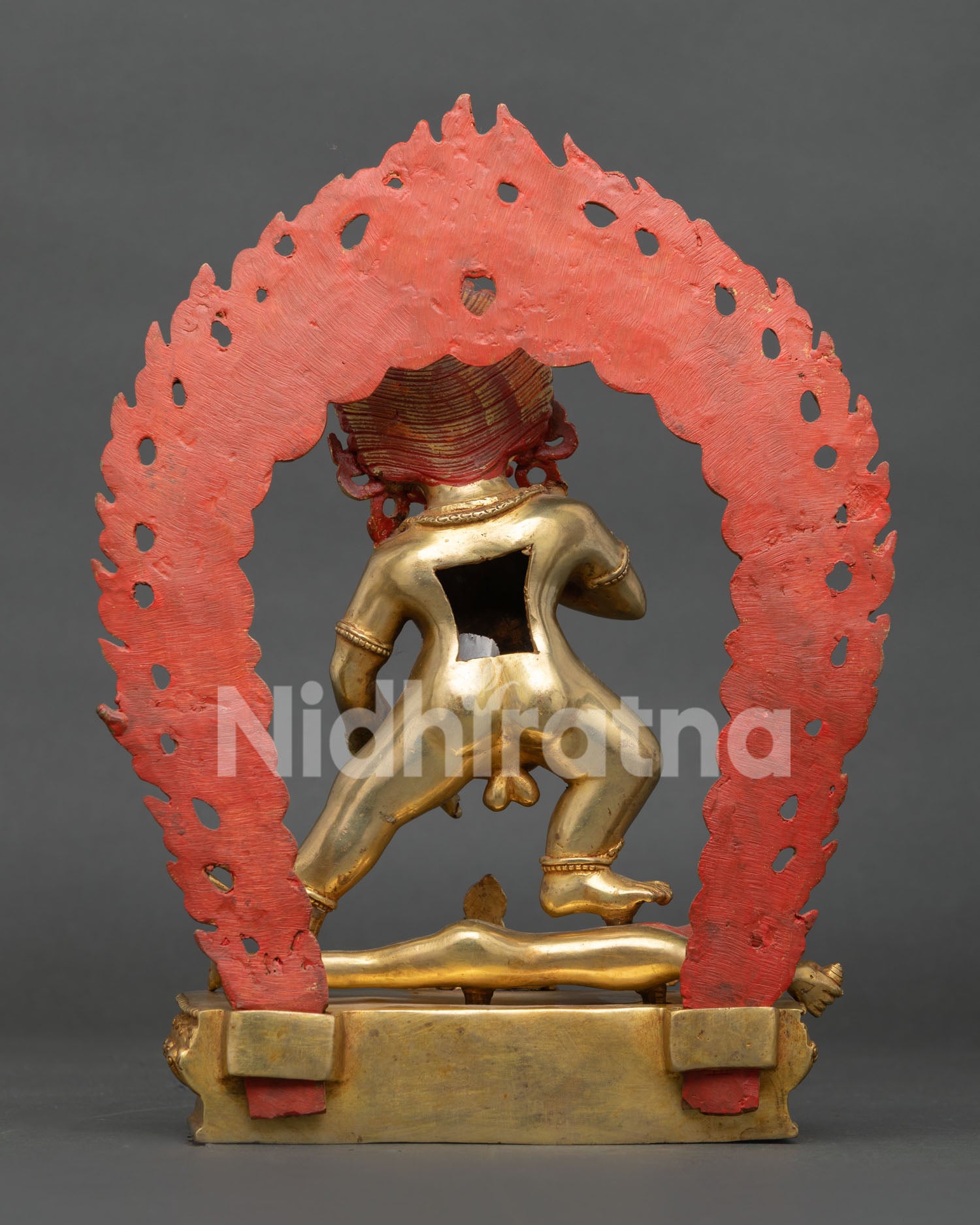 Handmade copper Black Dzambhala statue standing on lotus pedestal with blazing flame 