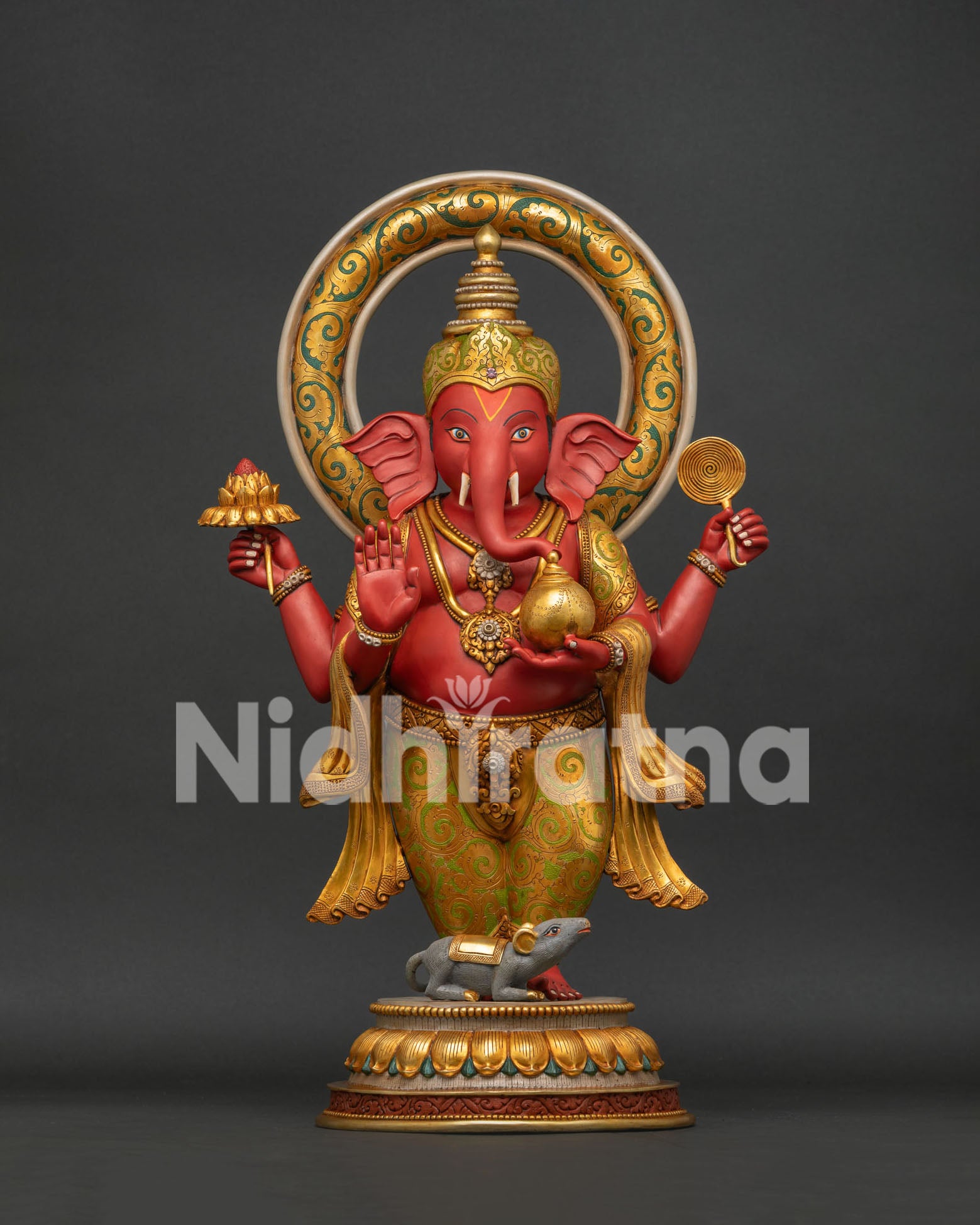 Handmade copper Ganesha statue with gold gilding, four-armed, Nepal craftsmanship