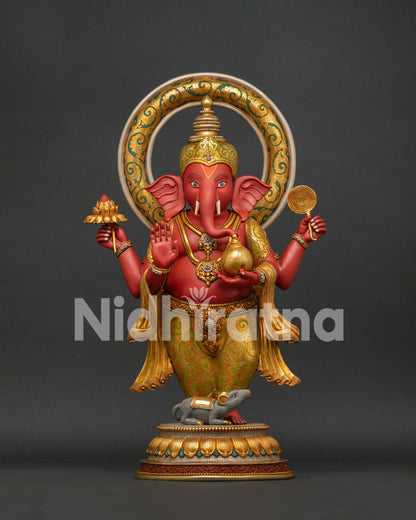 Handmade copper Ganesha statue with gold gilding, four-armed, Nepal craftsmanship