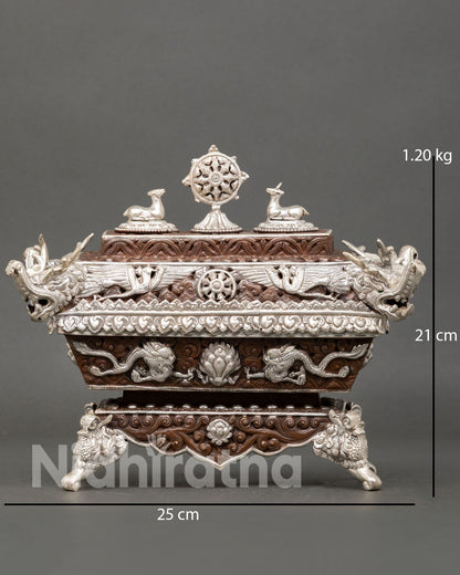 Handmade Copper Incense Burner with Oxidized Silver-Plated Buddhist Details