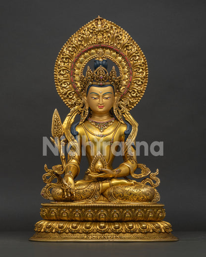 Handmade copper Ksitigarbha statue in gold gilding seated on lotus throne, front view