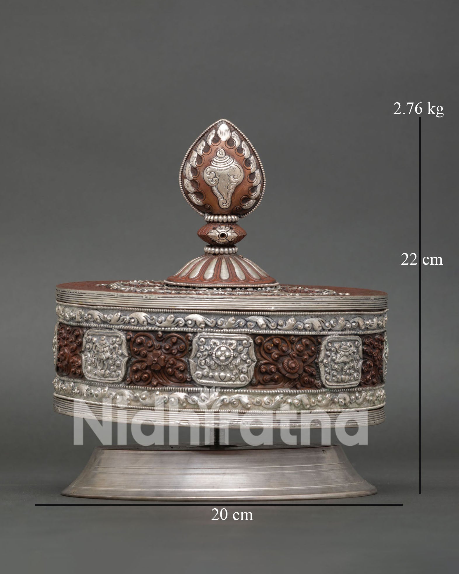 Handmade Copper Prayer Wheel with Oxidized Silver-Plated Finish from Nepal