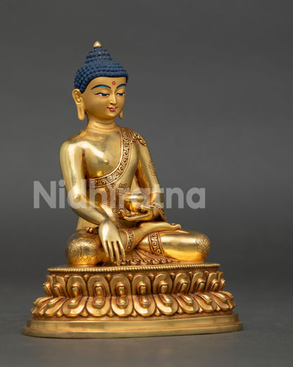 Handmade copper Shakyamuni Buddha sculpture created by skilled Newari artisans from Patan, Nepal