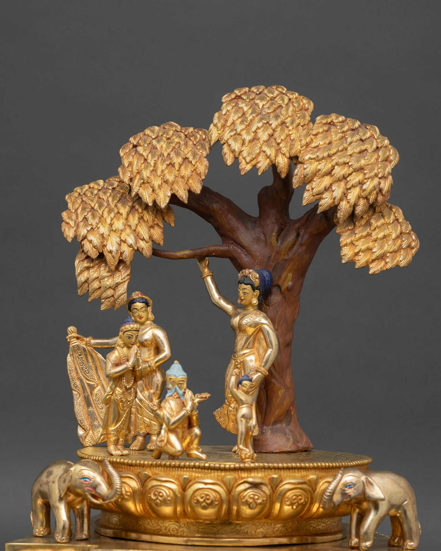 Handmade First Step Gautama Buddha Statue with elephants lotus motifs and ornate Buddhist pedestal