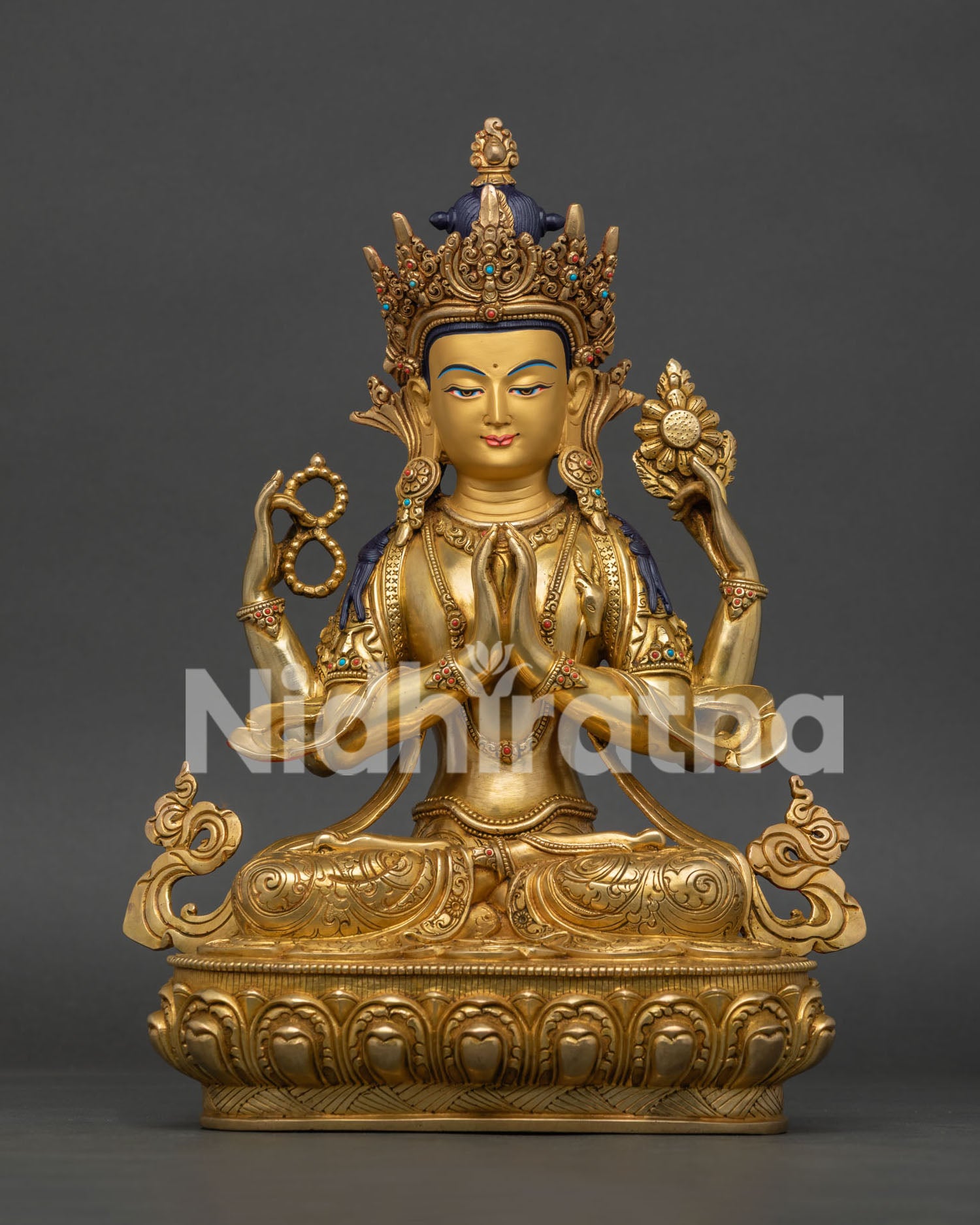 Handmade Four-Armed Chenrezig Statue with 24K Gold Gilding and Semi-Precious Stones from Nepal