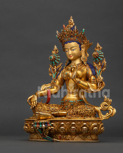 Handmade Green Tara Buddhist statue from Nepal showing detailed craftsmanship, left side view
