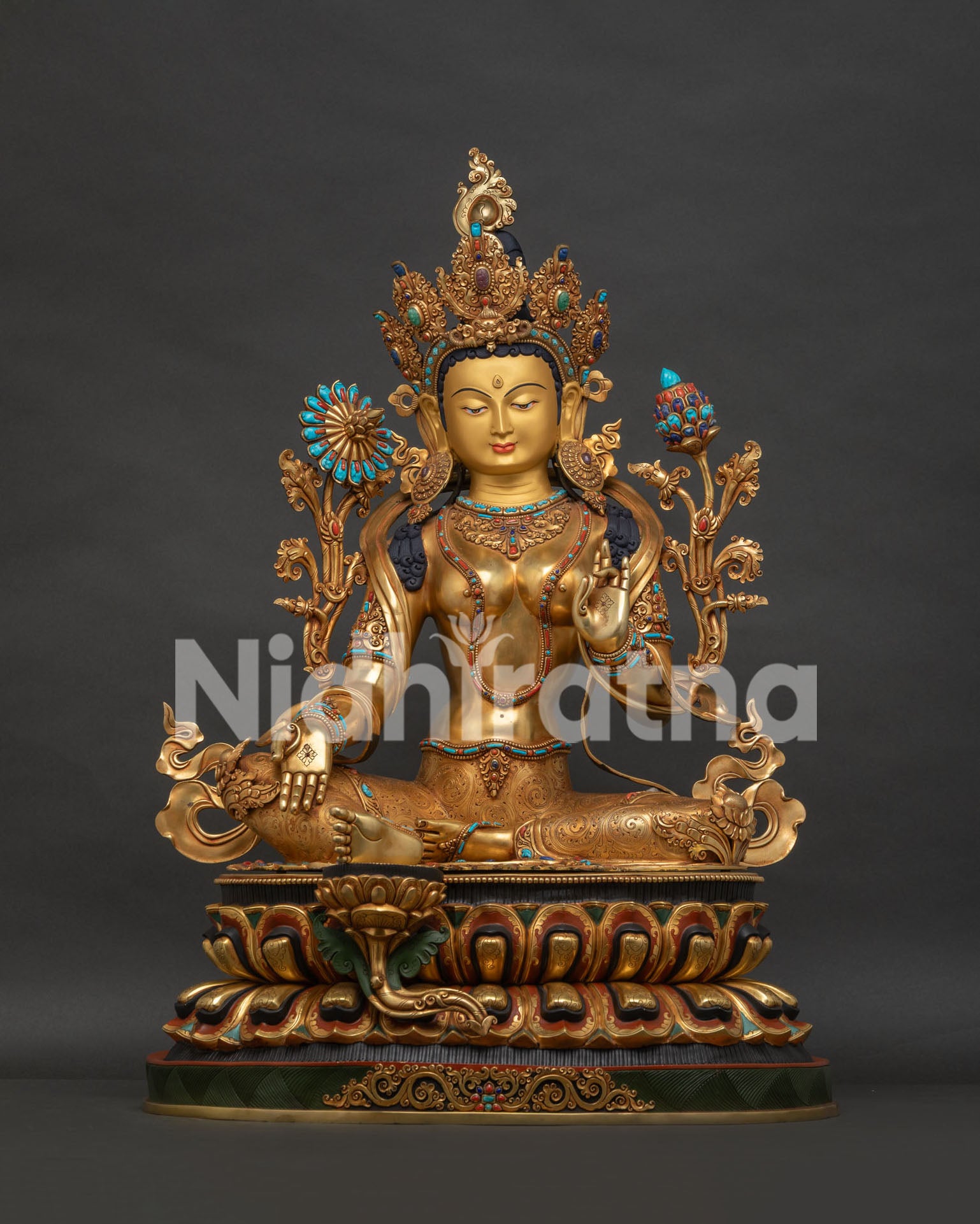 Handmade Green Tara statue — 24K gold-gilded copper, gemstone inlays, front view, Nepal Buddhist art