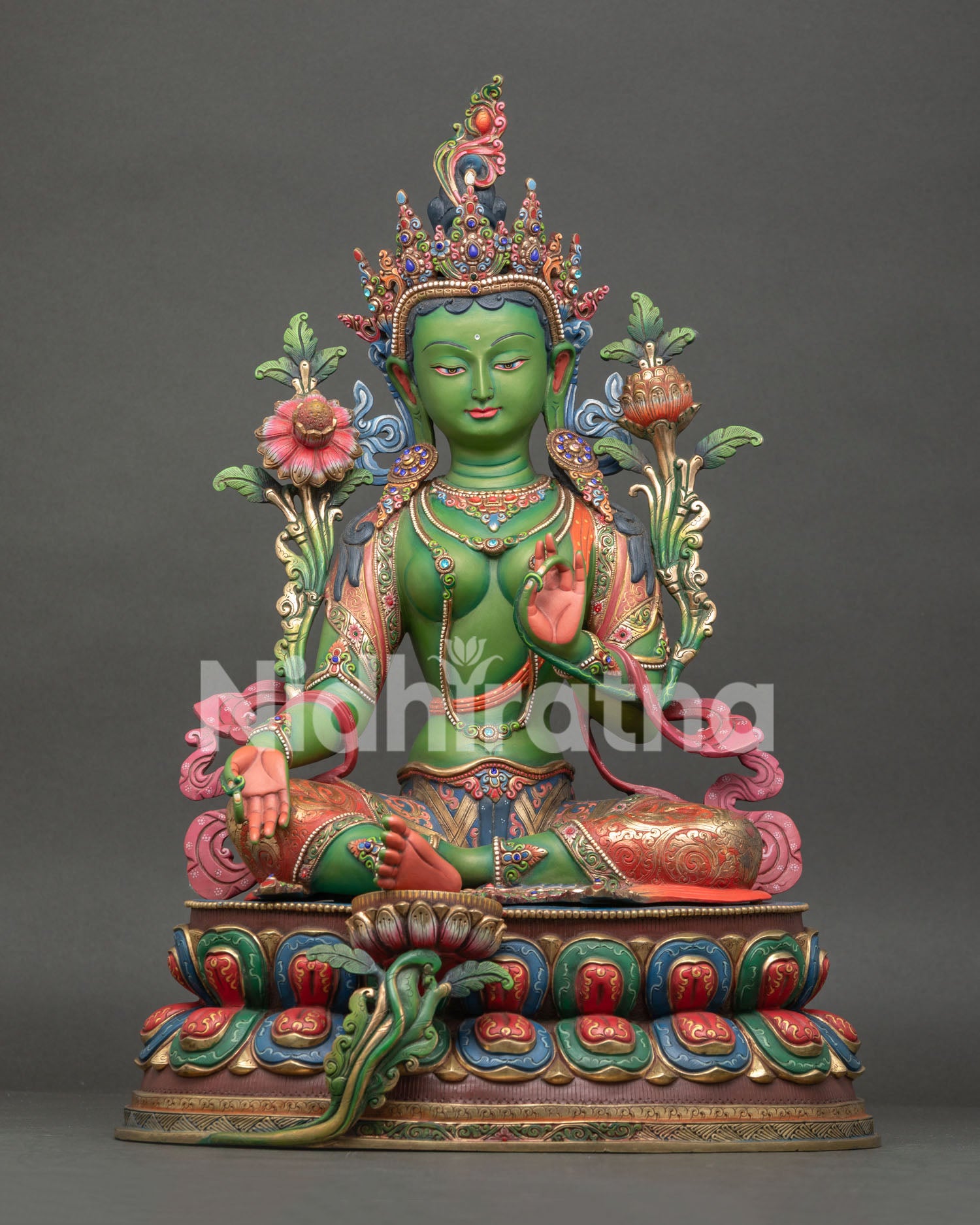 Handmade Green Tara Statue Front View Gold Gilded Copper Buddhist Sculpture from Nepal