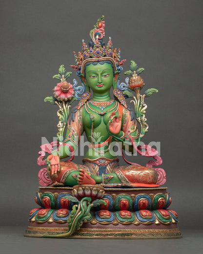 Handmade Green Tara Statue Front View Gold Gilded Copper Buddhist Sculpture from Nepal