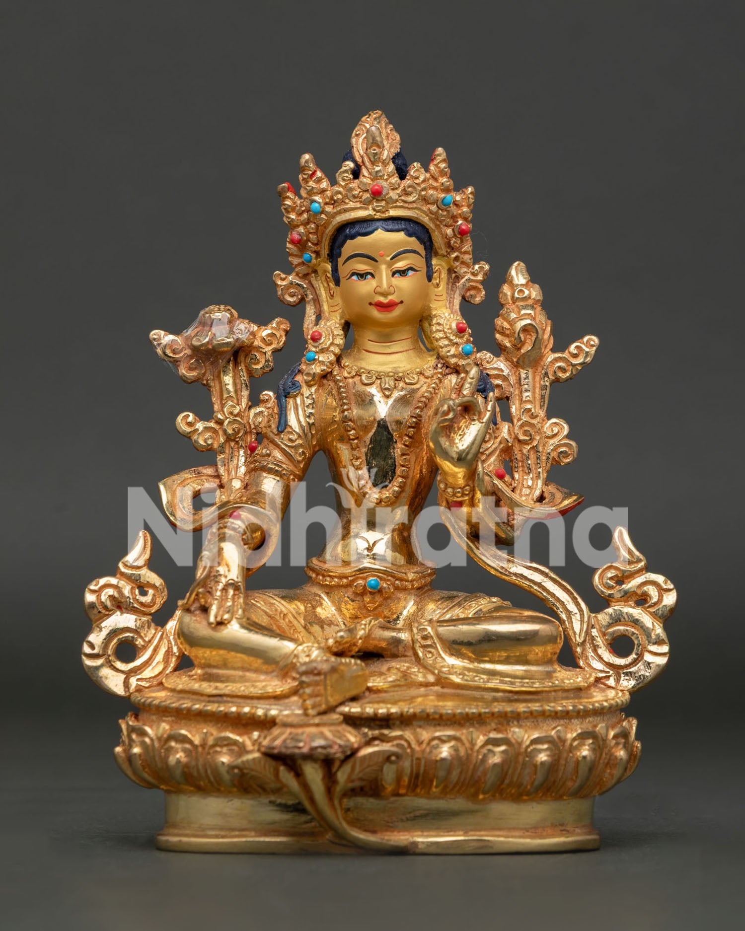 Handmade Green Tara Statue with Gold Gilding and Semi Precious Stones