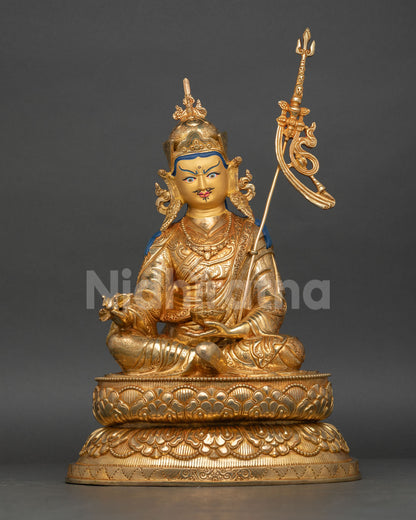 Handmade Guru Rinpoche statue with 24K gold gilding, copper body and hand-painted golden face
