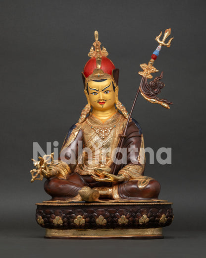 Handmade Guru Rinpoche Statue with gold fire-gilded copper body and lotus throne.
