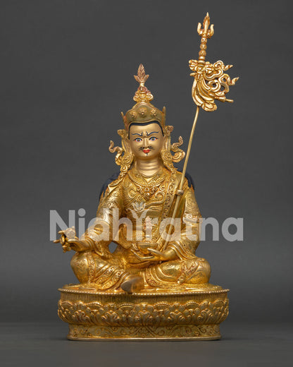 Handmade Guru Rinpoche Statue with Three Layers of 24K Gold Gilding and Copper, Crafted in Nepal