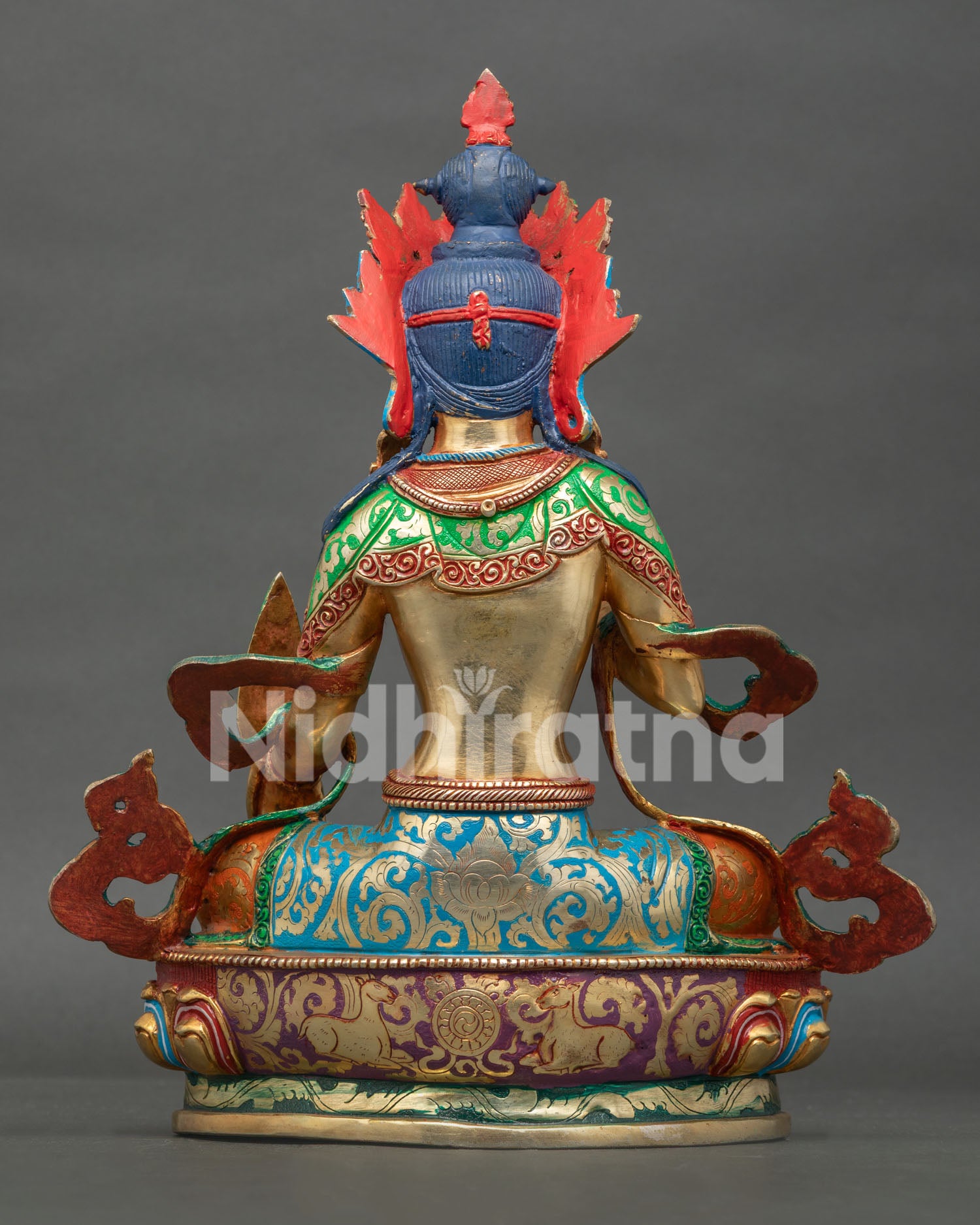 Handmade Kshitigarbha statue with copper body gold finish and traditional craftsmanship