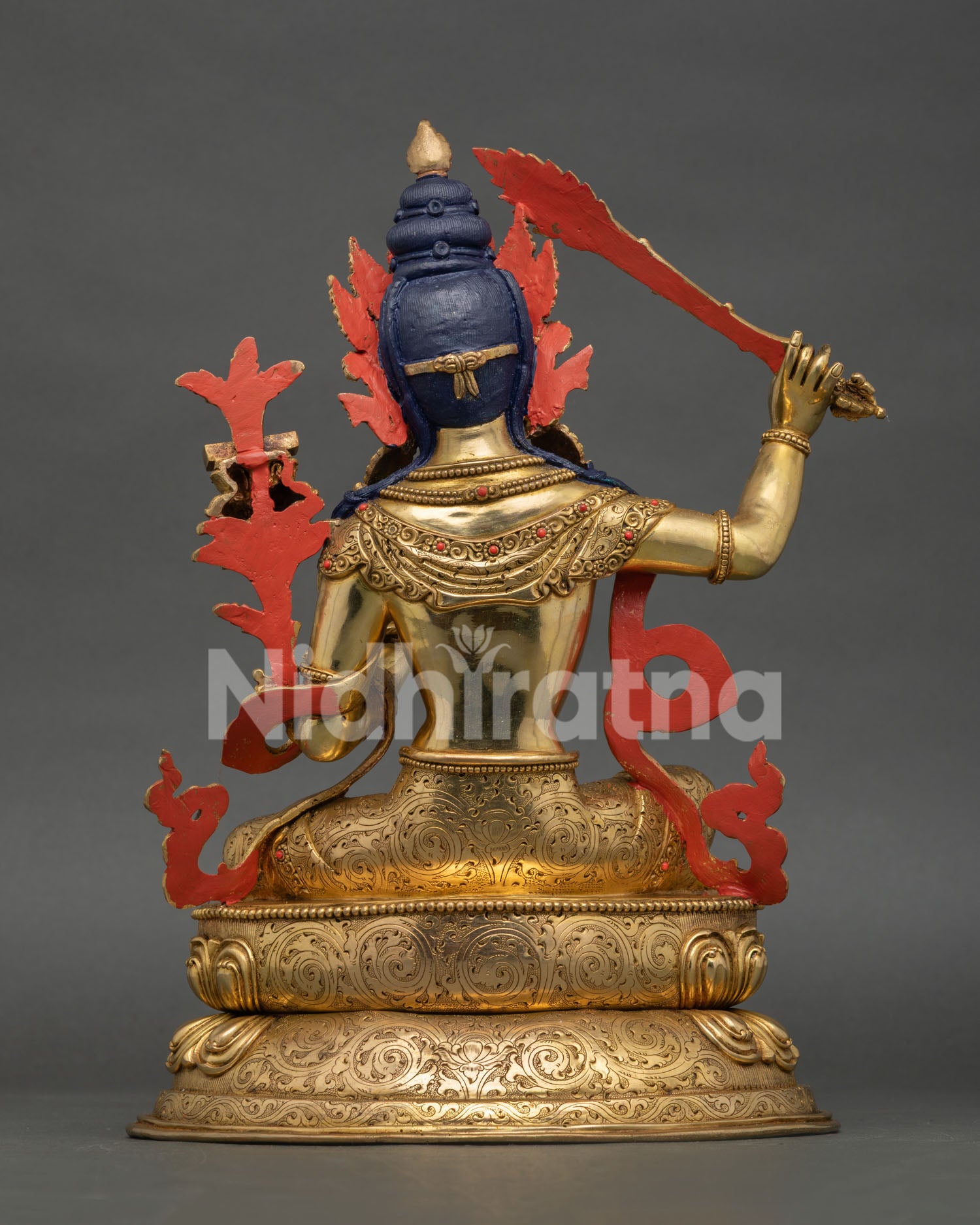 Handmade Manjushri Buddhist statue on double lotus throne by Newari artisans of Patan, Nepal