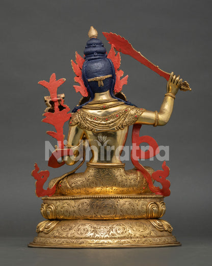 Handmade Manjushri Buddhist statue on double lotus throne by Newari artisans of Patan, Nepal