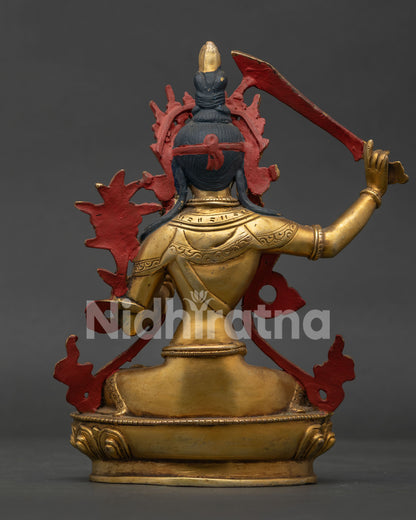 Handmade Manjushri Copper Statue with Lotus Pedestal and 24K Gold Fire Gilding