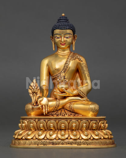 Handmade Medicine Buddha Statue front view, fire-gilded copper, double lotus throne, Nepal