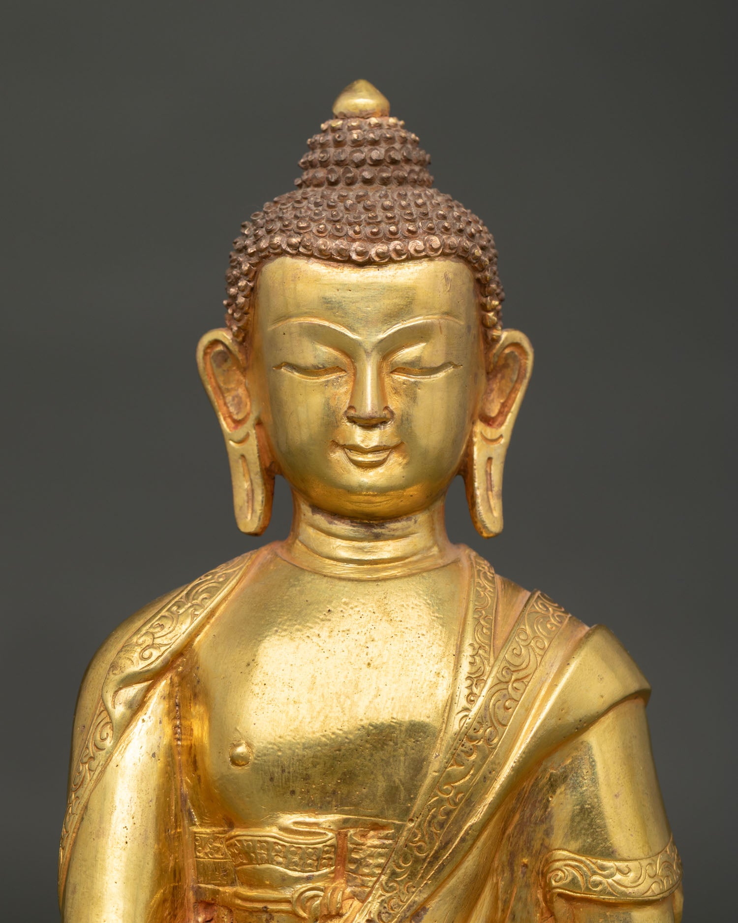 Handmade Medicine Buddha Statue holding myrobalan stem and vase on lotus seat.