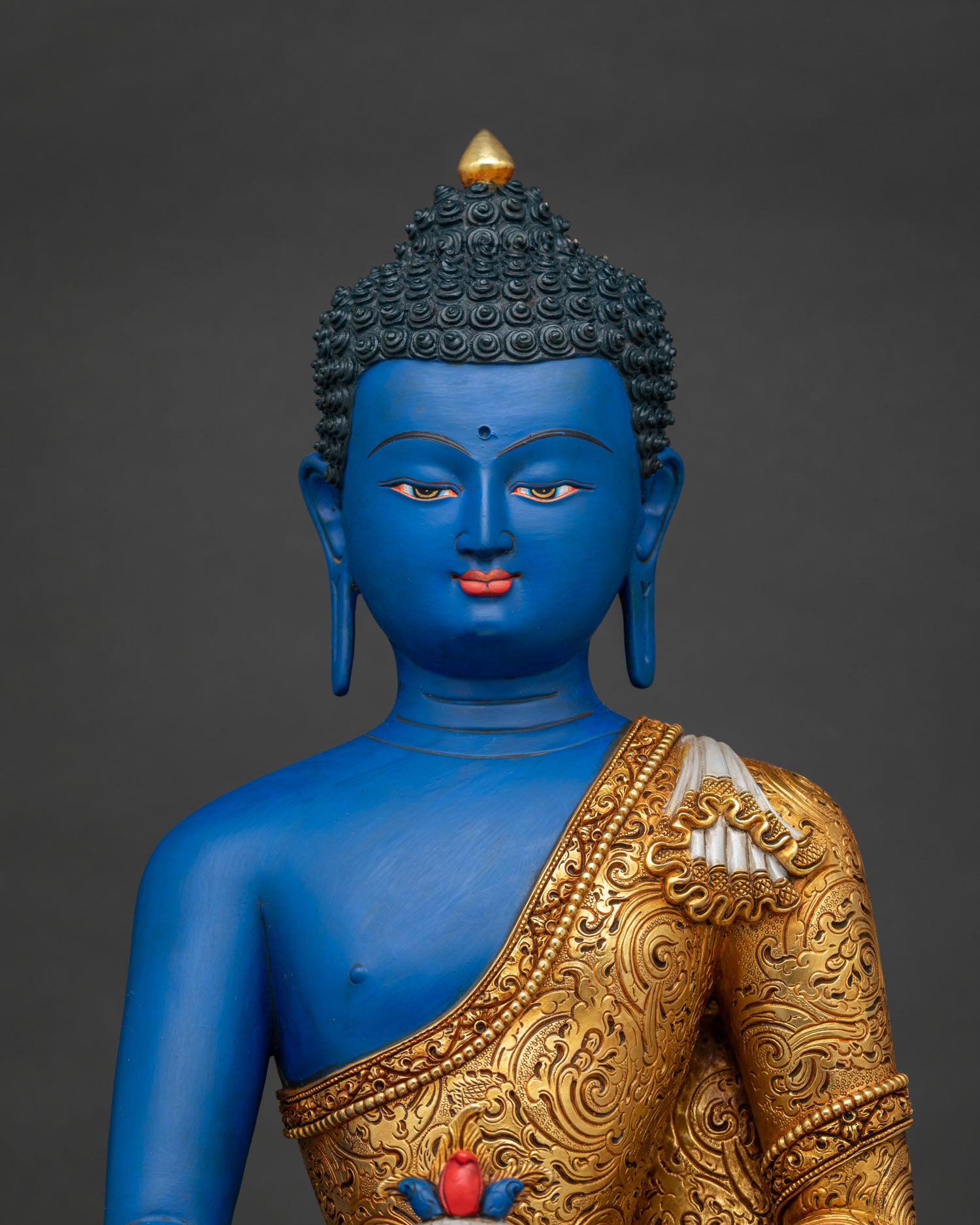 Handmade Medicine Buddha statue Busan with gold gilding and traditional Newari craftsmanship