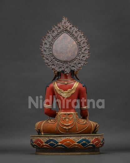 Handmade Mitrugpa Buddha statue back view showing detailed gold gilded craftsmanship