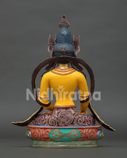 Handmade Nepalese copper Shakyamuni Buddha statue with colorful acrylic paint and sacred meditation posture