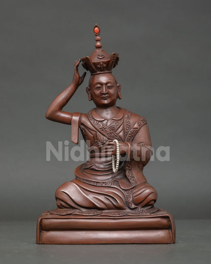 Handmade Oxidized Copper Karmapa Statue with Black Crown on Pedestal