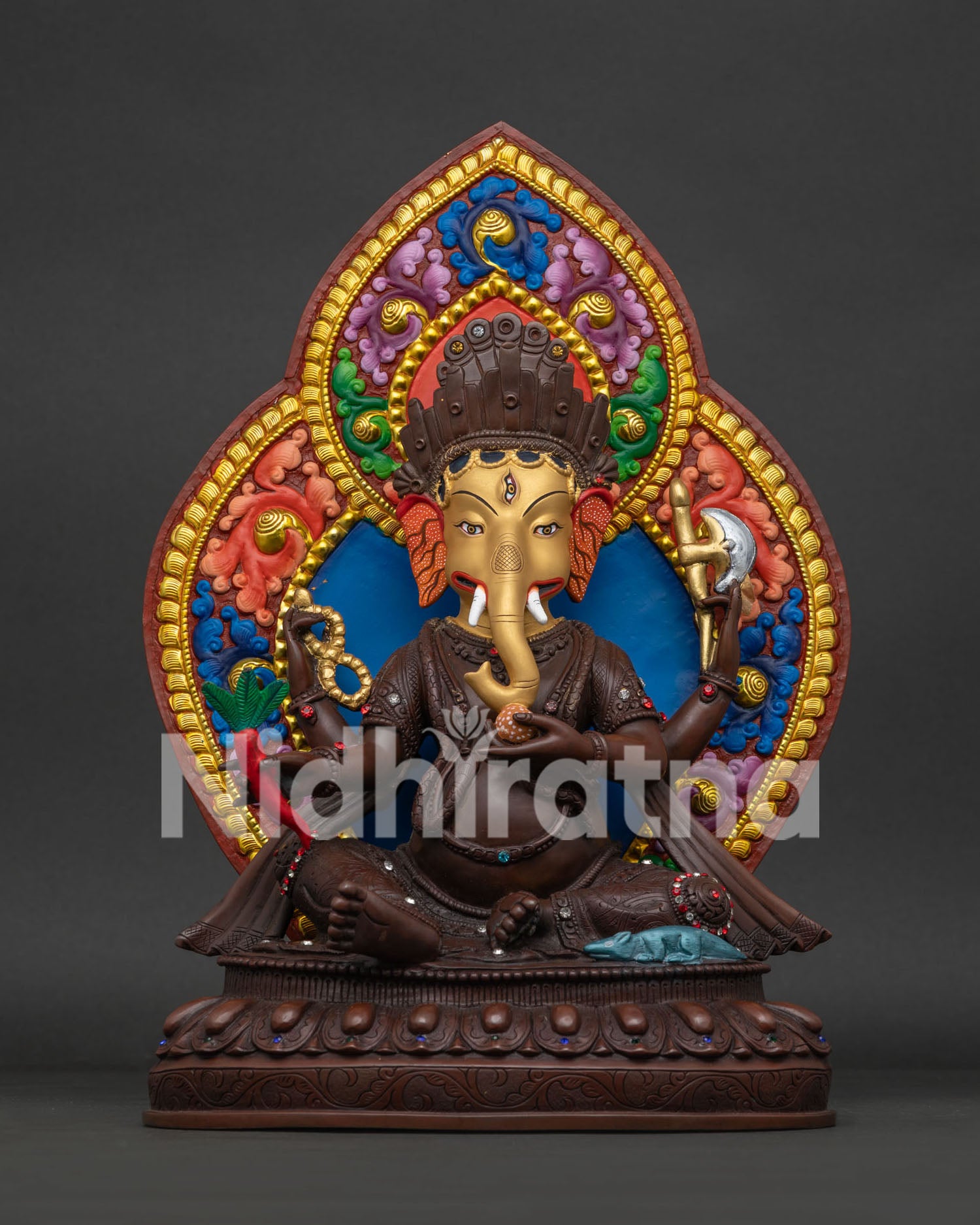 Handmade Oxidized Ganesh Statue in Copper with 24K Gold Face Front View
