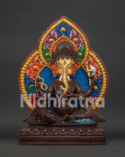 Handmade Oxidized Ganesh Statue in Copper with 24K Gold Face Front View