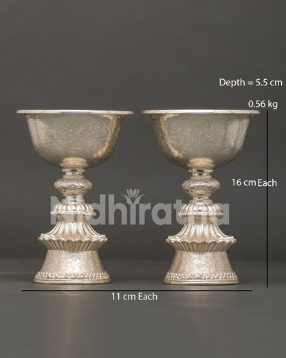 Handmade Pure Silver Butter Lamp Set with Floral Motifs by Newari Artisans from Patan, Nepal