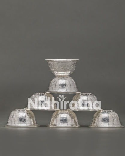 Handmade pure silver Water Offering Bowl with hand-carved floral motifs