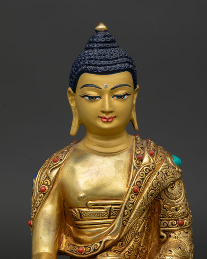 Handmade Shakyamuni Buddha Sculpture Gold-Painted Face with Semi-Precious Stones