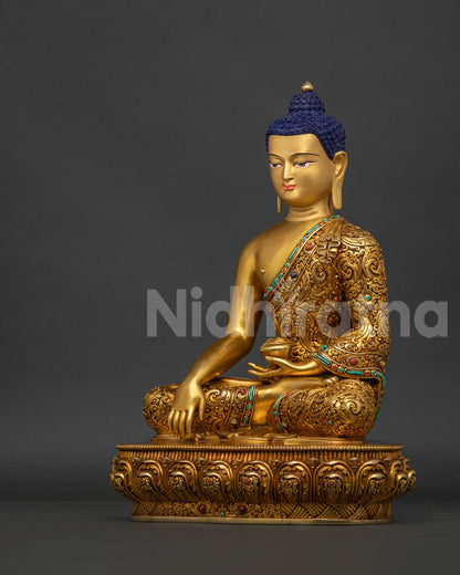 Handmade Shakyamuni Buddha statue from Nepal detailed left side view
