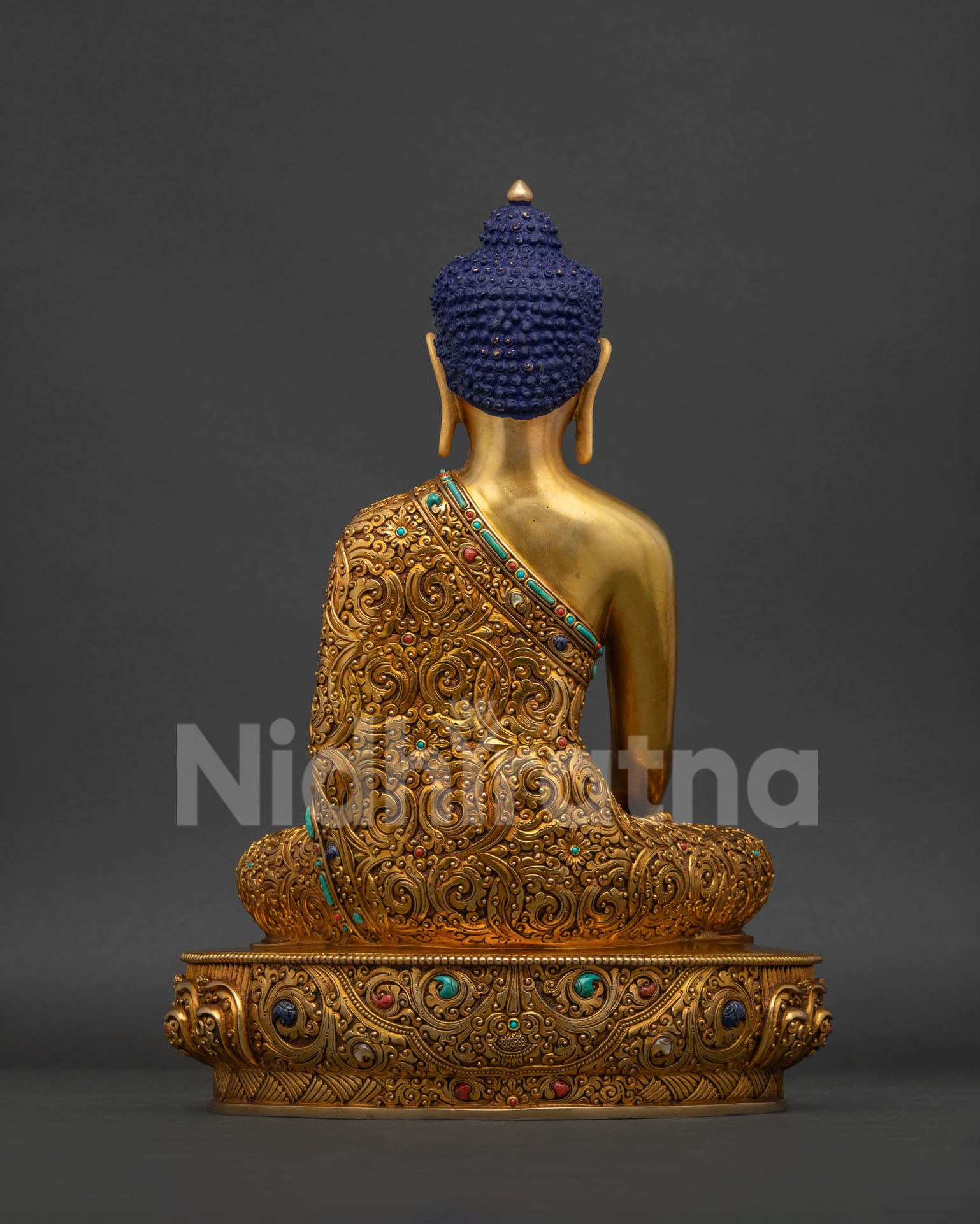 Handmade Shakyamuni Buddha statue Iowa, gold gilded copper back view