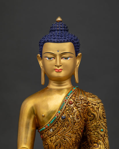 Handmade Shakyamuni Buddha statue California, gold gilded copper sculpture regular close-up view