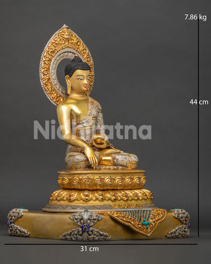 Handmade Shakyamuni Buddha Statue on double lotus throne with radiant halo and hand painted details