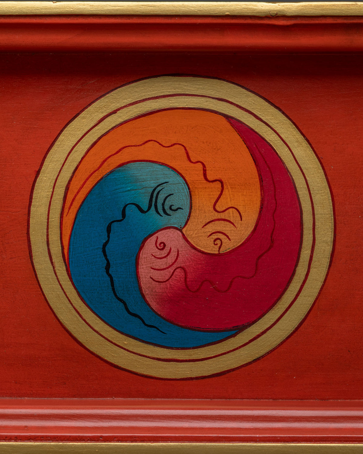 Handmade Tibetan wooden tray with Gakhyil motif for butter lamps and incense.