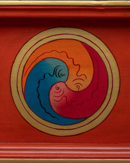 Handmade Tibetan wooden tray with Gakhyil motif for butter lamps and incense.