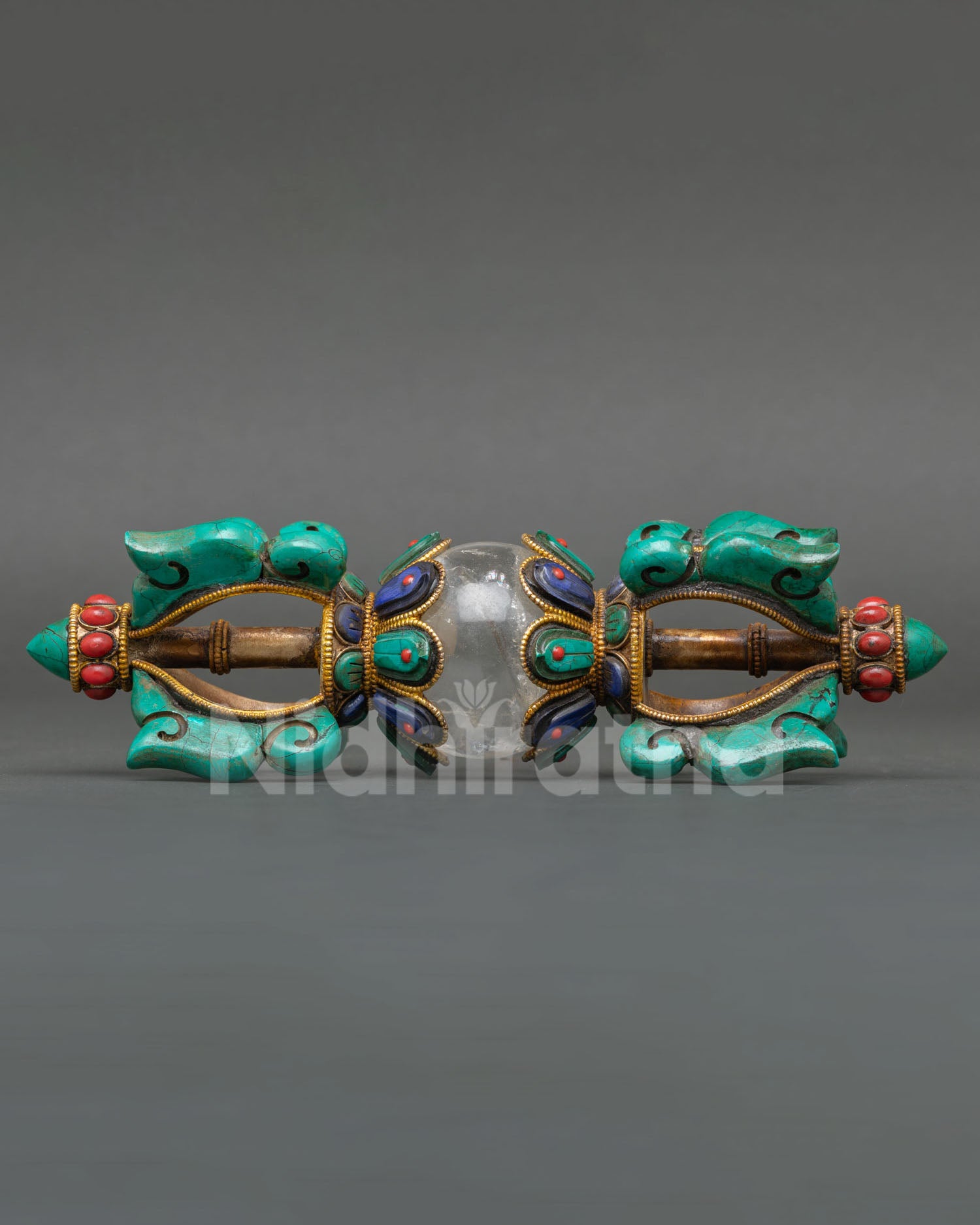 handmade vajra with crystal core, copper dorje with turquoise coral and lapis stones
