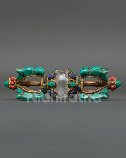 handmade vajra with crystal core, copper dorje with turquoise coral and lapis stones