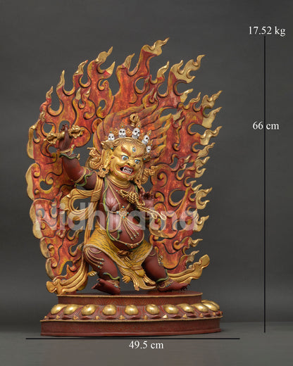 Handmade Vajrapani statue from Patan, Nepal, standing on lotus pedestal holding gold gilded vajra and lasso