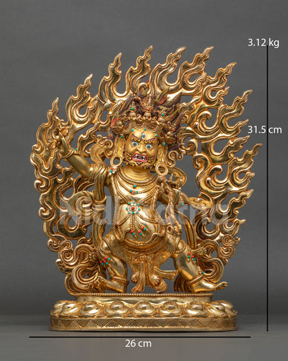 Handmade Vajrapani statue in gold fire-gilded copper, front view with flaming halo and five-skull crown